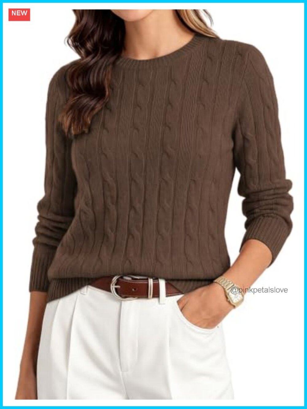 100% Merino Wool Cable Knit Crewneck Pullover Sweater